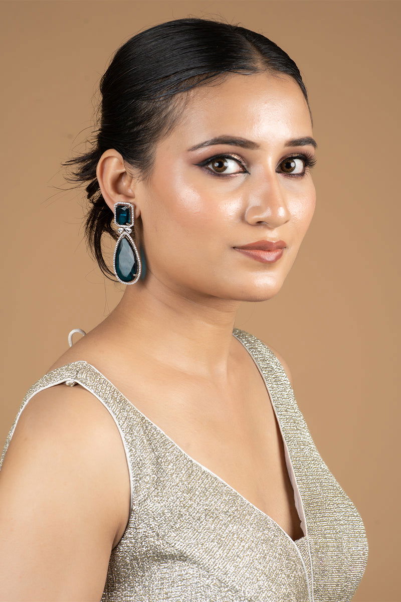 Peacock Blue AD Teardrop Earrings Adorned with Stones - Mayrake