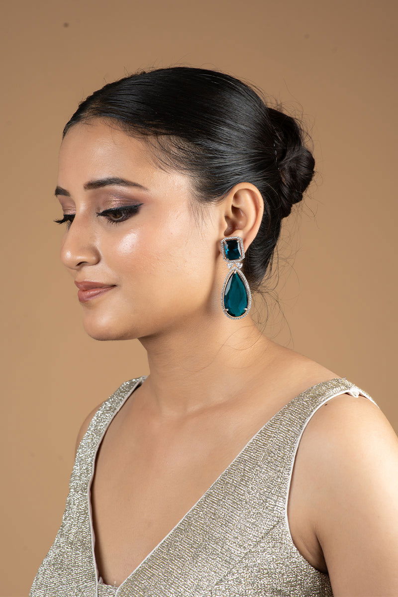 Peacock Blue AD Teardrop Earrings Adorned with Stones - Mayrake