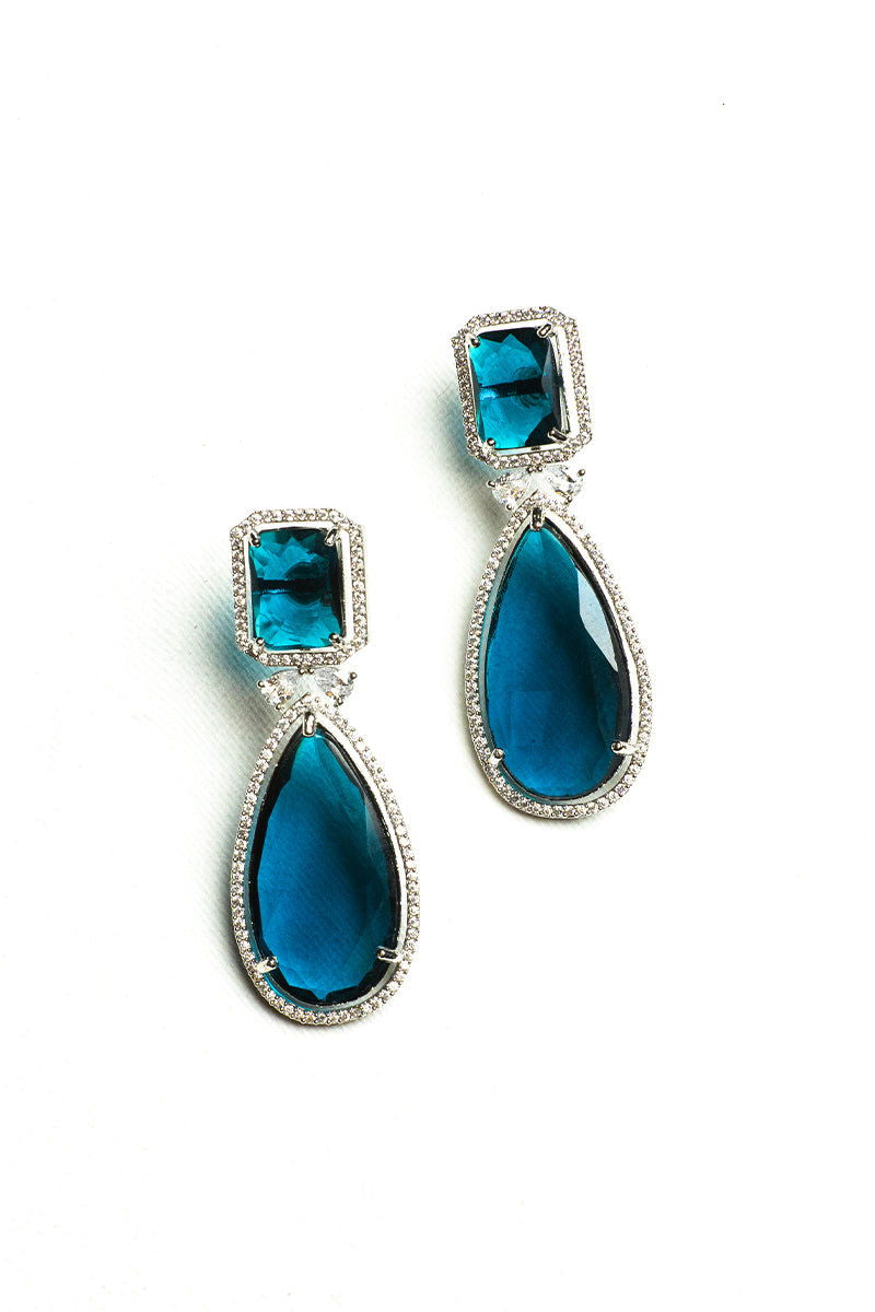 Peacock Blue AD Teardrop Earrings Adorned with Stones - Mayrake