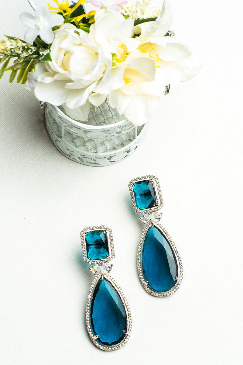 Peacock Blue AD Teardrop Stones Earrings - Mayrake.in
