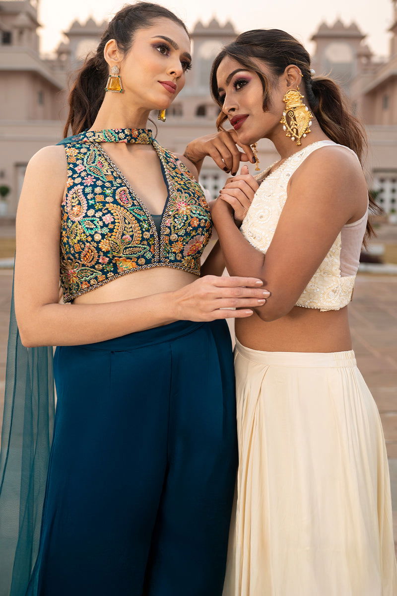 Peacock Blue Embroidered Tank Top with Matching Palazzo Pants and Net Dupatta - Mayrake -