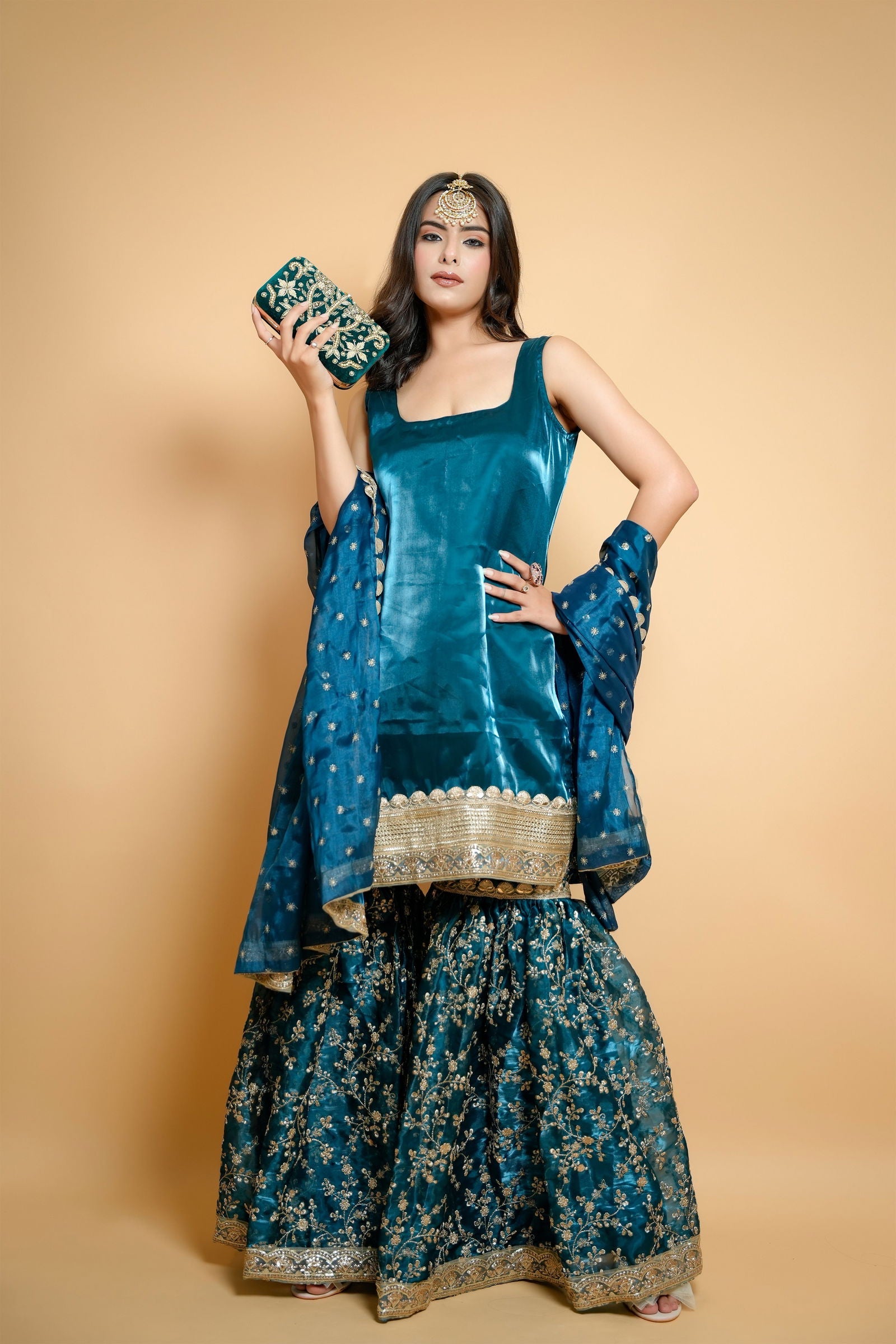 Peacock Blue Organza Embroidered Garara Suit with Buti Lace Dupatta - Mayrake