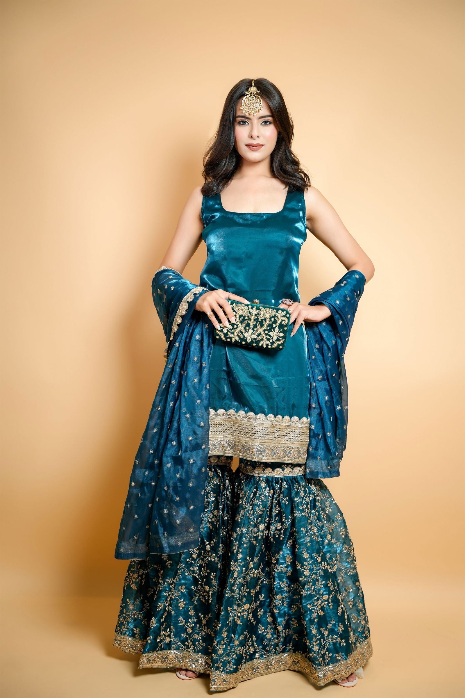 Peacock Blue Organza Embroidered Garara Suit with Buti Lace Dupatta - Mayrake