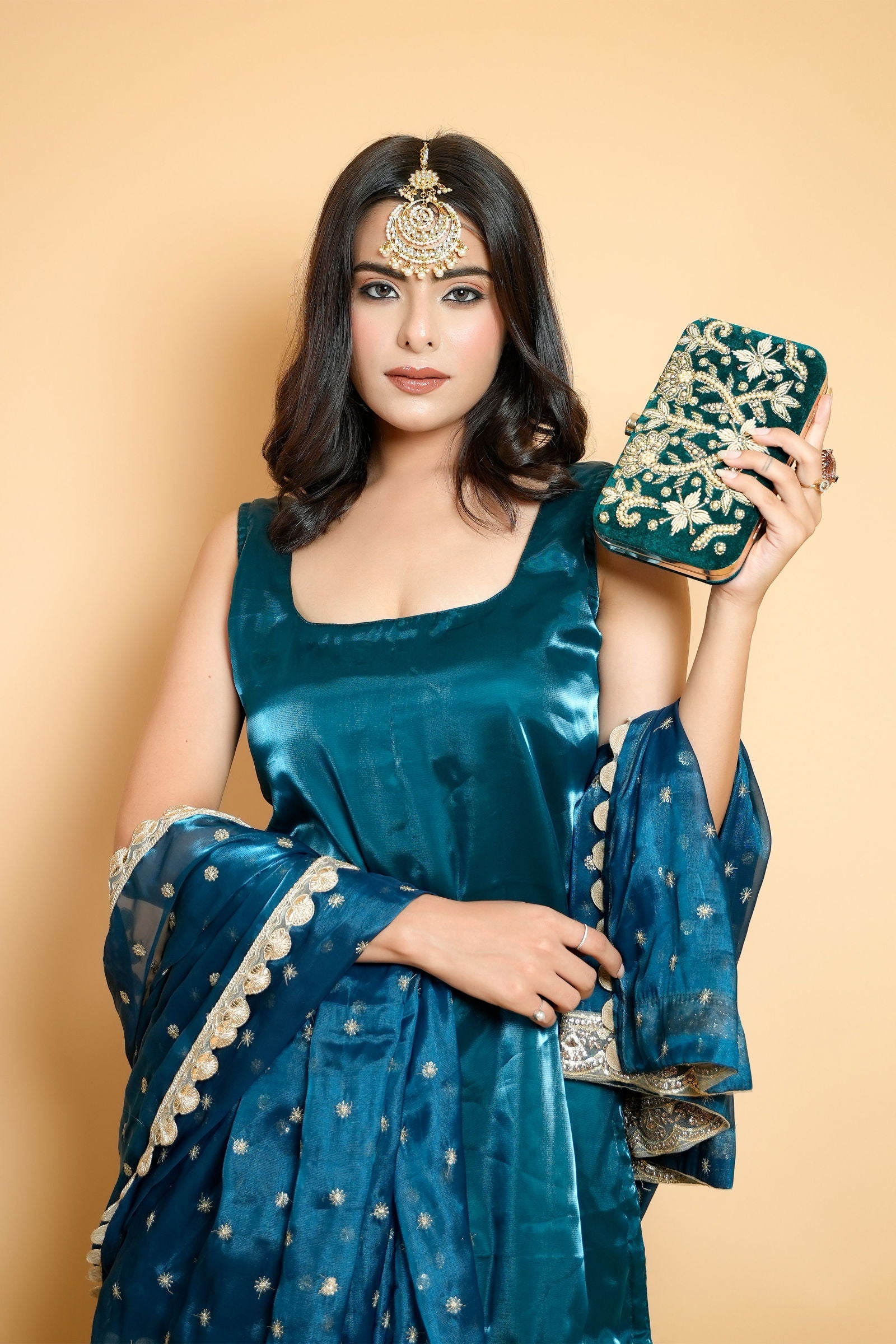 Peacock Blue Organza Embroidered Garara Suit with Buti Lace Dupatta - Mayrake