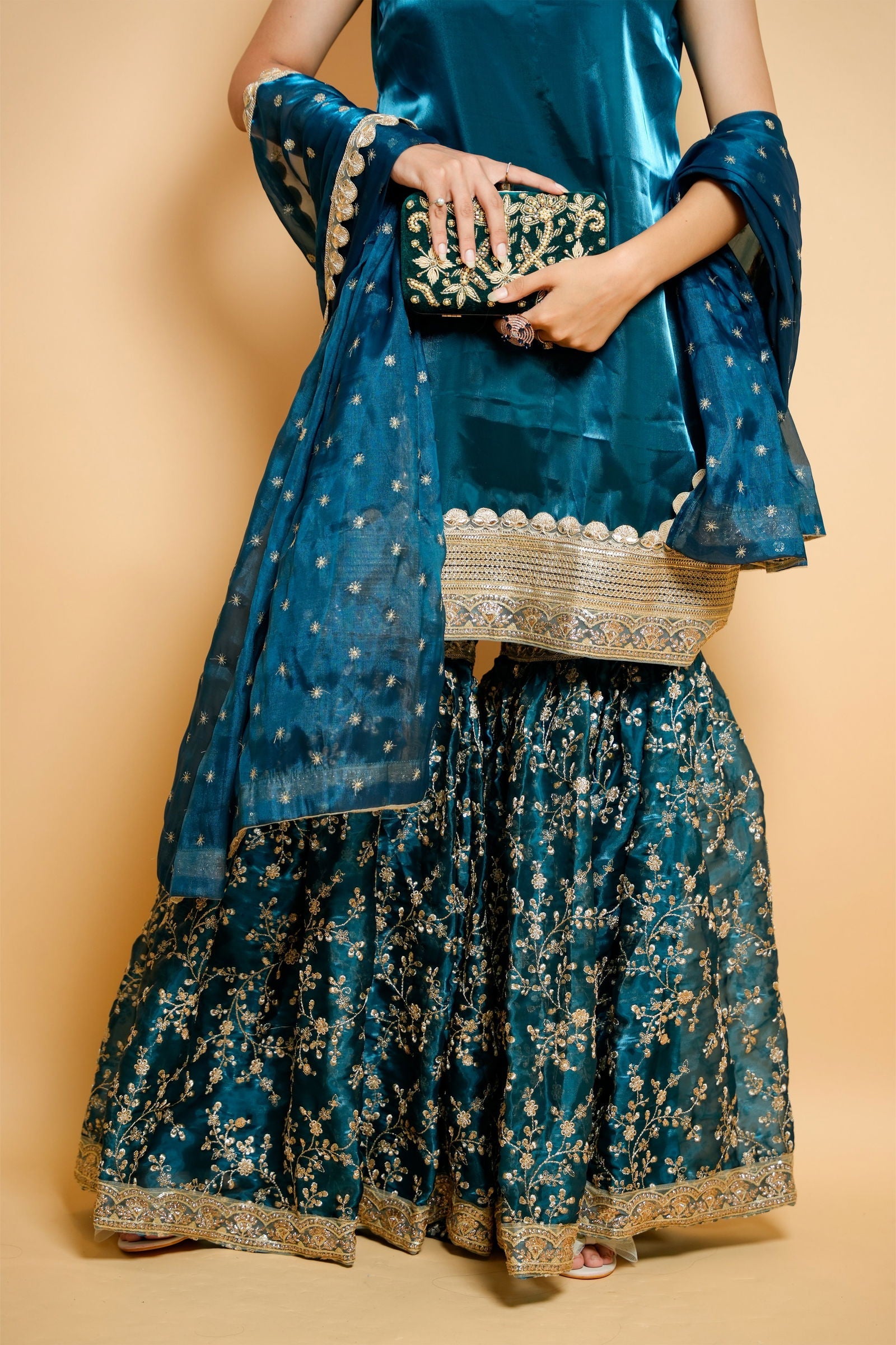 Peacock Blue Organza Embroidered Garara Suit with Buti Lace Dupatta - Mayrake