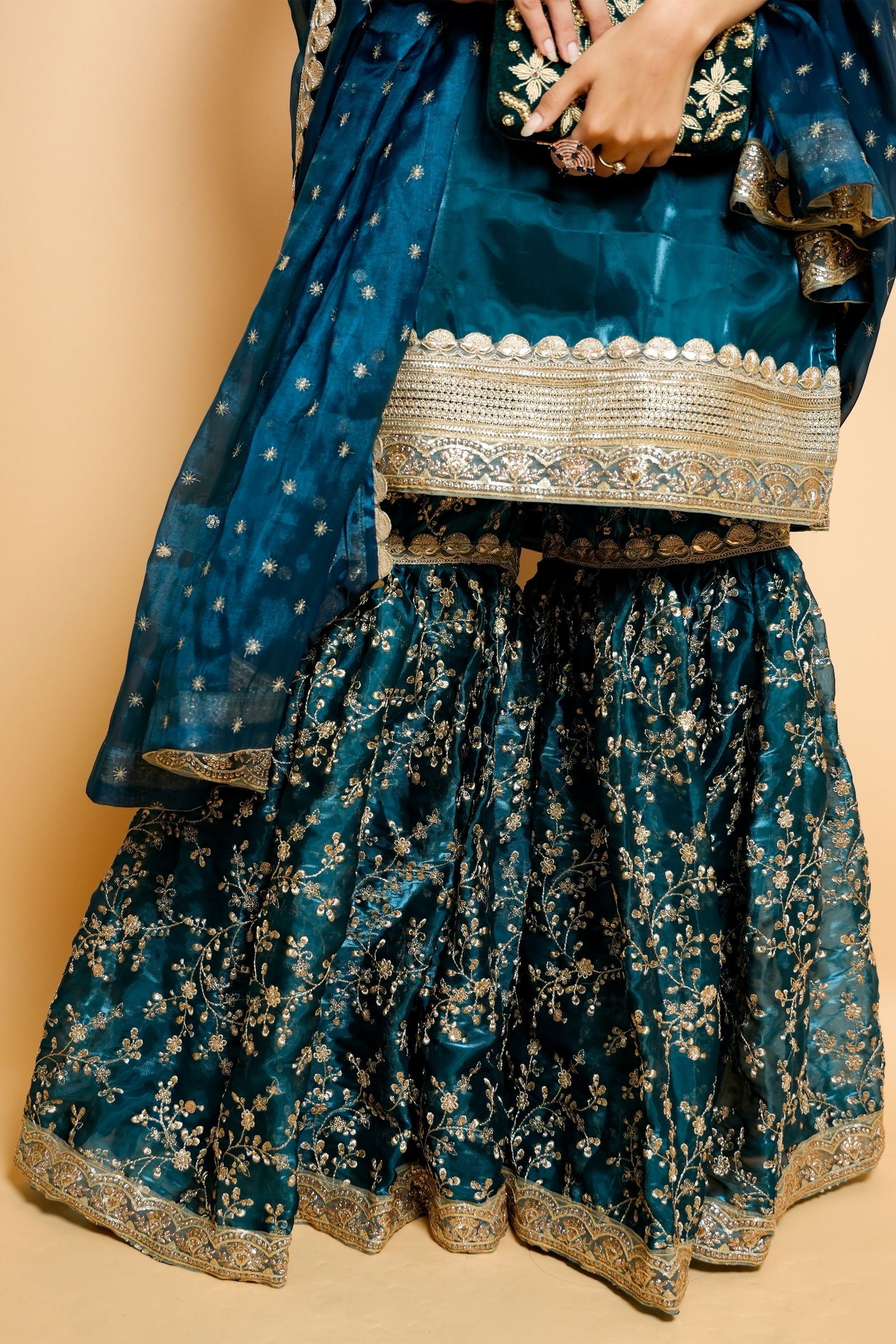 Peacock Blue Organza Embroidered Garara Suit with Buti Lace Dupatta - Mayrake