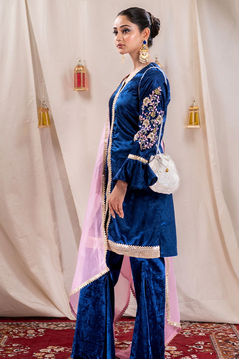 Peacock Blue Short Velvet Embroidered Kurta with Lace Detailing, Palazzo Pants, and Dupatta - Mayrake -