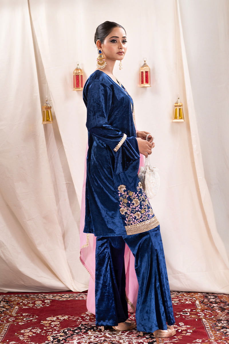Peacock Blue Short Velvet Embroidered Kurta with Lace Detailing, Palazzo Pants, and Dupatta - Mayrake -