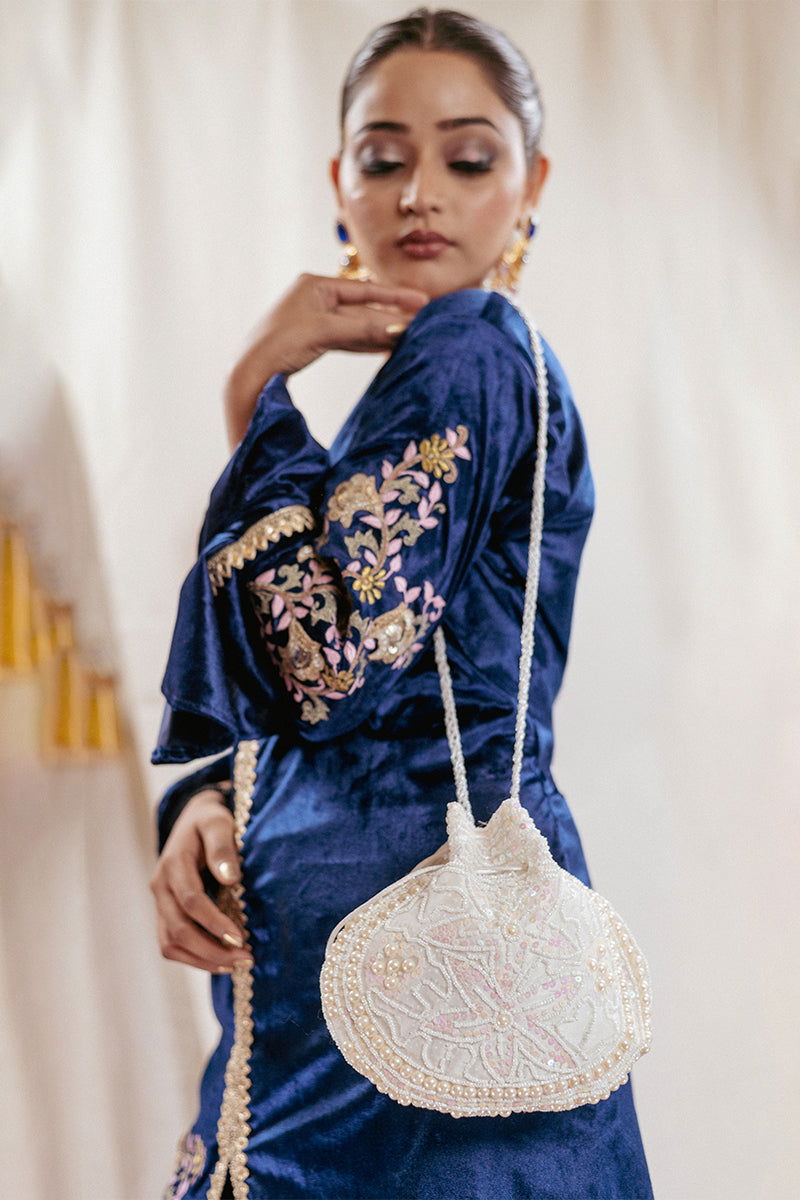 Peacock Blue Short Velvet Embroidered Kurta with Lace Detailing, Palazzo Pants, and Dupatta - Mayrake -