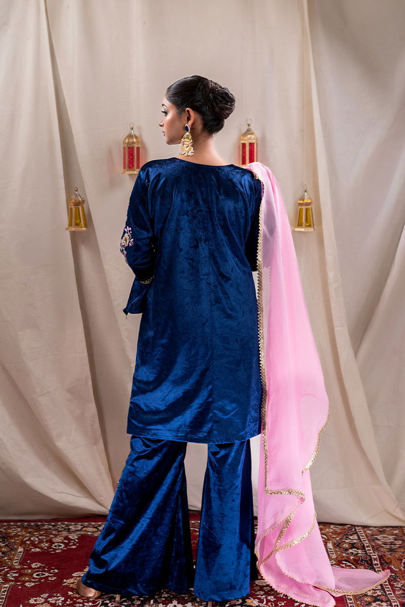 Peacock Blue Short Velvet Embroidered Kurta with Lace Detailing, Palazzo Pants, and Dupatta - Mayrake -