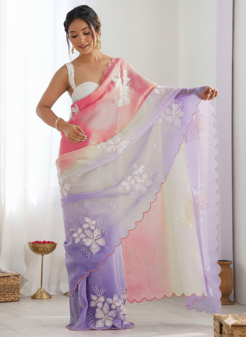 Pink Purple Pastel-Shaded Soft Chinon Silk Saree with Sequin Embroidery and Khatli Work Border - Mayrake.in