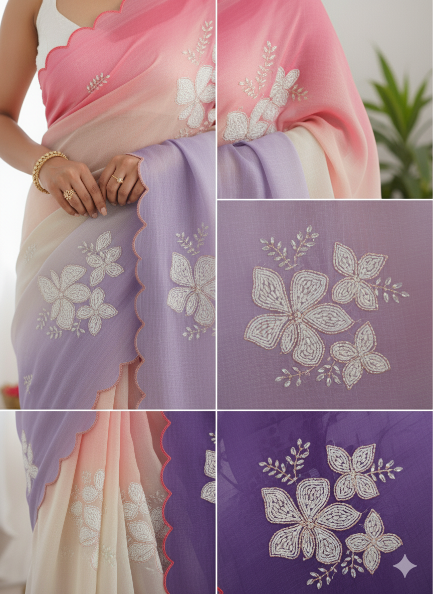 Pink Purple Pastel-Shaded Soft Chinon Silk Saree with Sequin Embroidery and Khatli Work Border - Mayrake.in