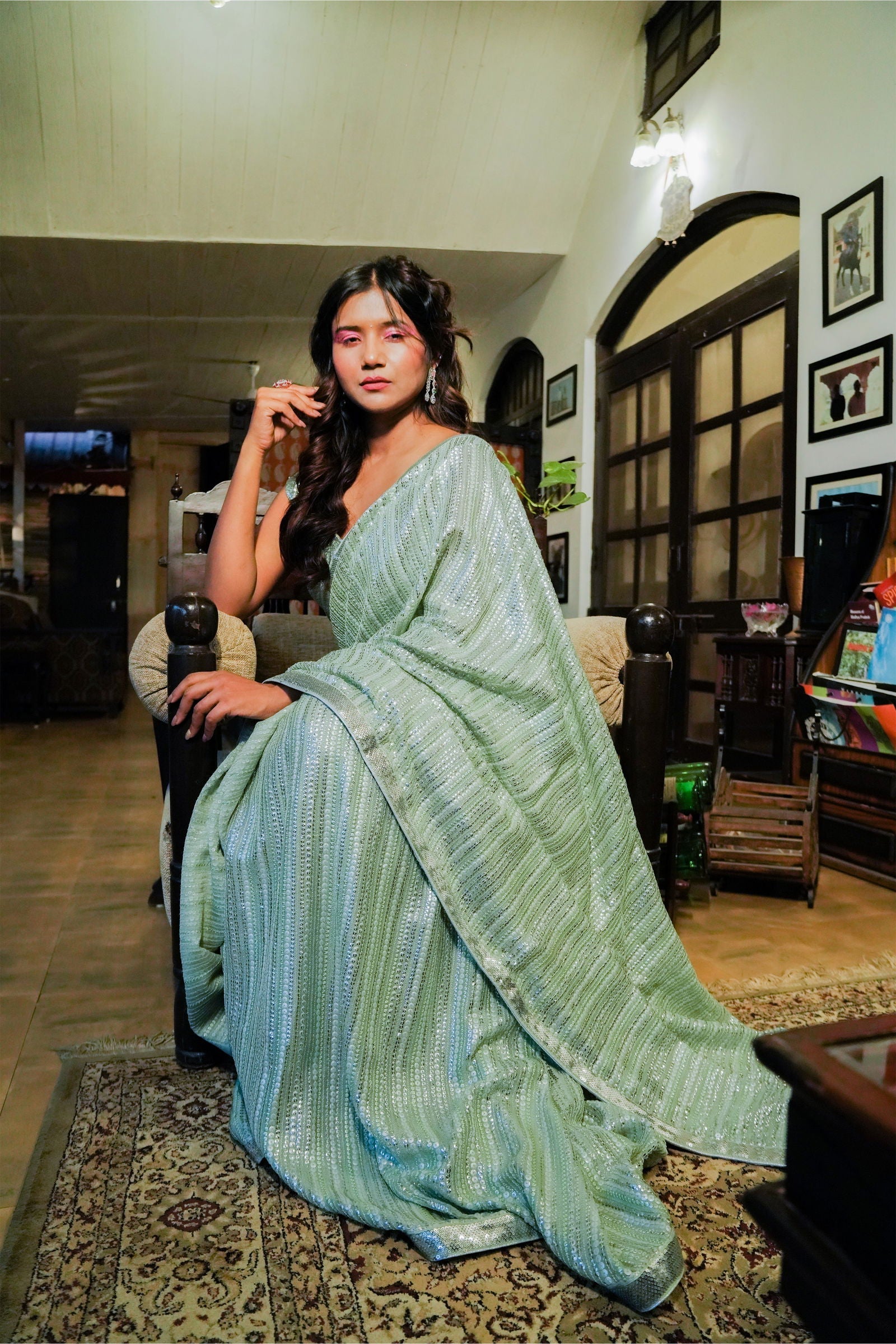 Pista Green Fine Georgette Saree with Overall Sequin and Pearl Work Paired with Stitched Blouse - Mayrake