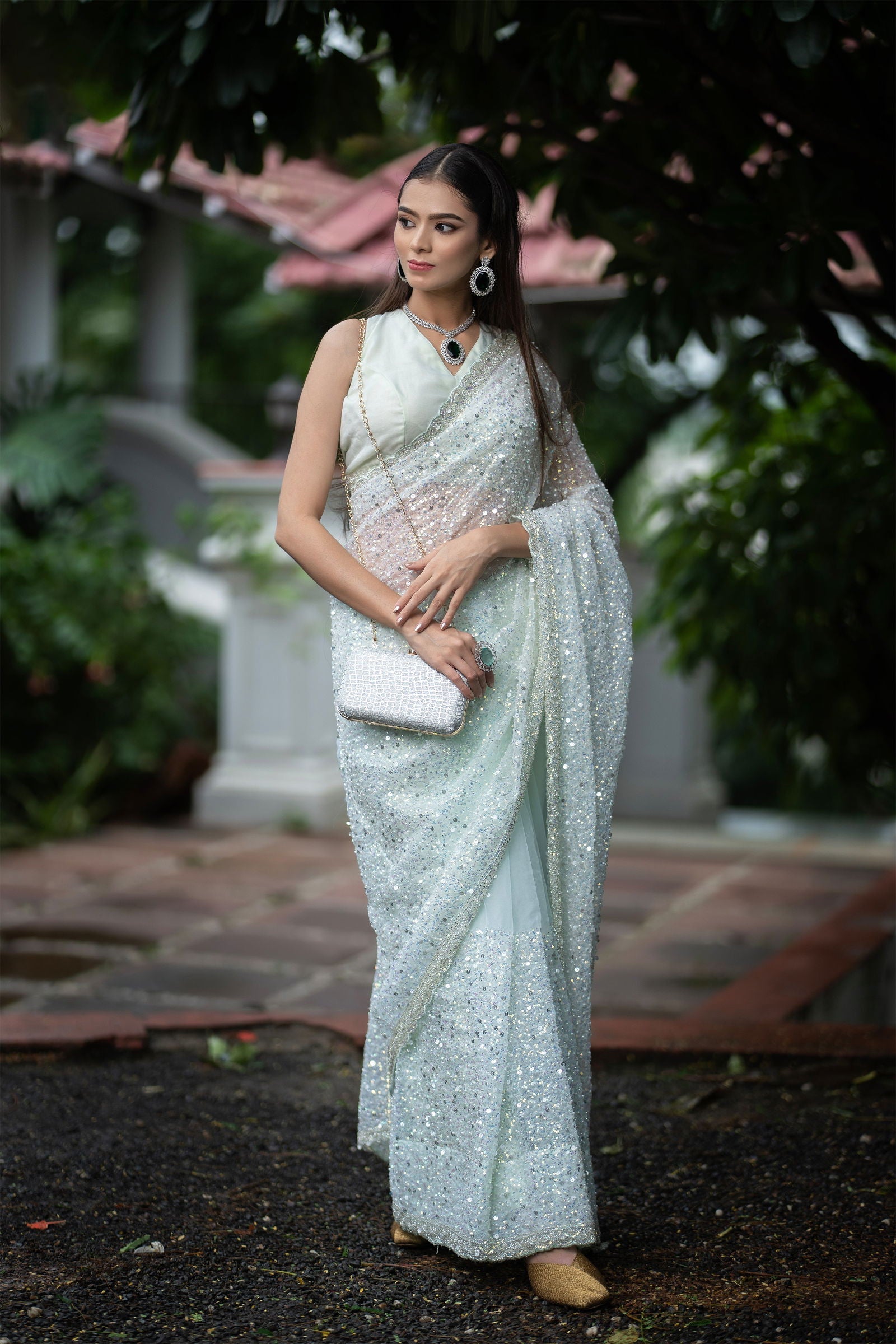 Pista Green Super Net Saree with Sequin Detailing, Pearl Work, and matching Blouse - Mayrake