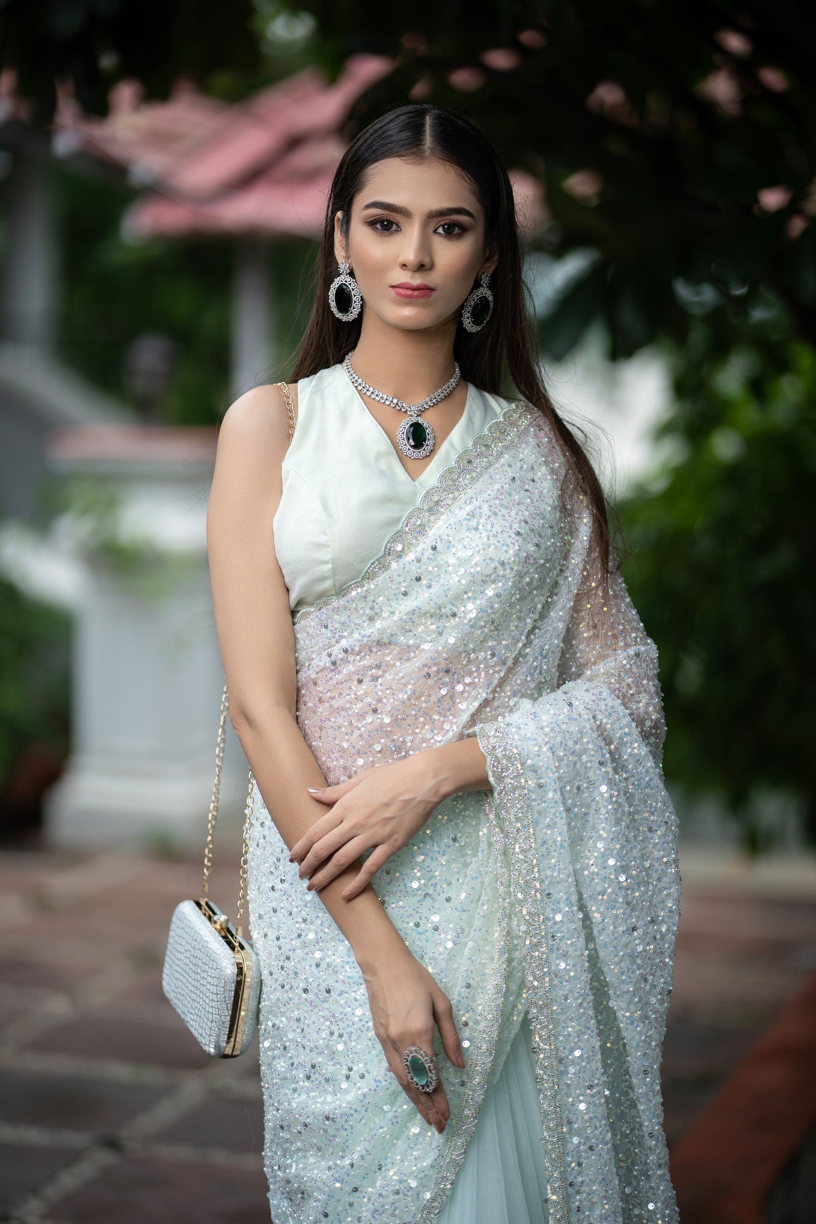 Pista Green Super Net Saree with Sequin Detailing, Pearl Work, and matching Blouse - Mayrake