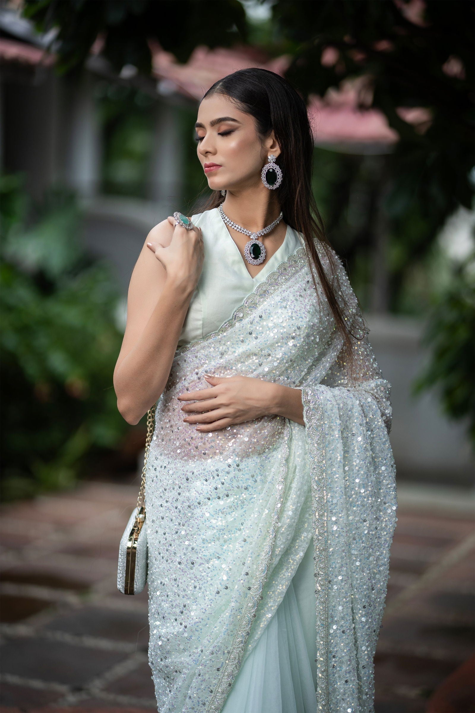 Pista Green Super Net Saree with Sequin Detailing, Pearl Work, and matching Blouse - Mayrake