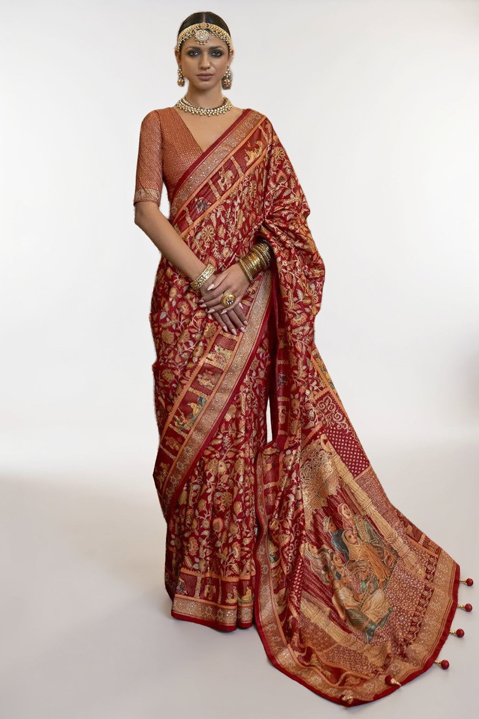 Plum Red Raw Silk Saree with Ethnic Heritage Prints