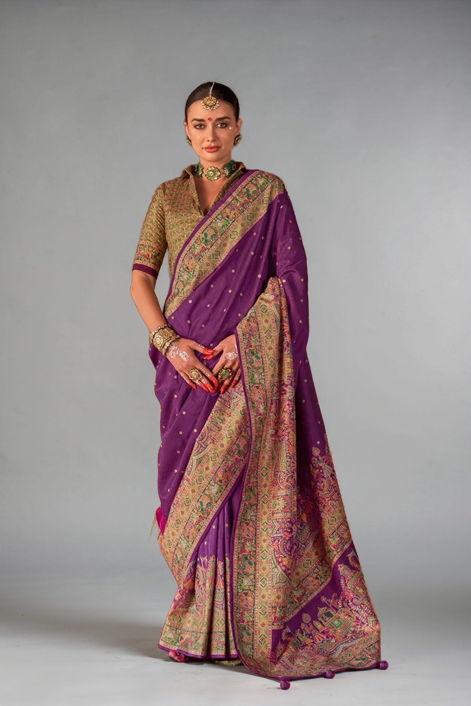 Purple Raw Silk Saree with Heritage Prints