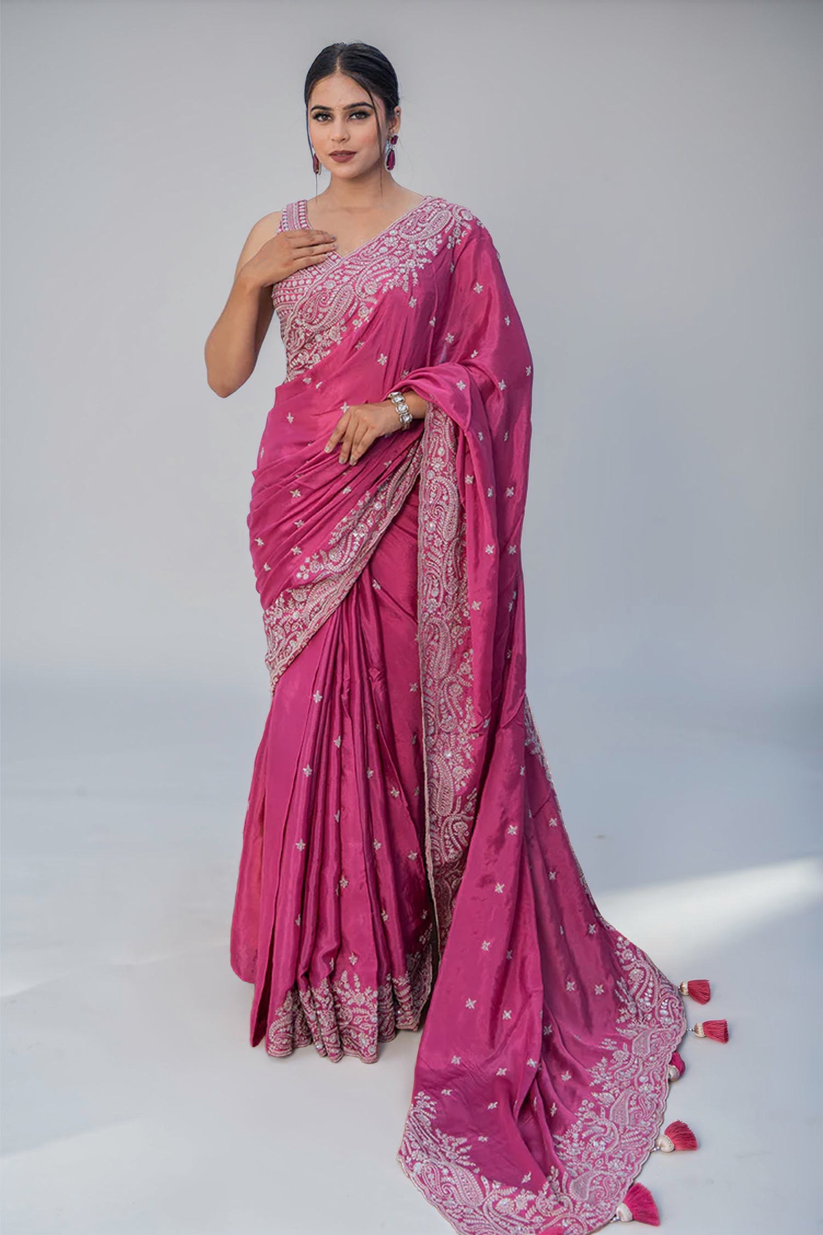 Two Blouse Concept – Rose Pink Crepe Silk Saree with Sequin and Zari Work