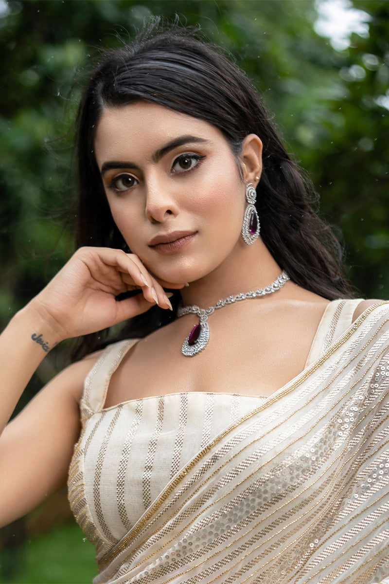 Purple Garnet American Diamond Necklace with Tear Drop Earrings - Mayrake