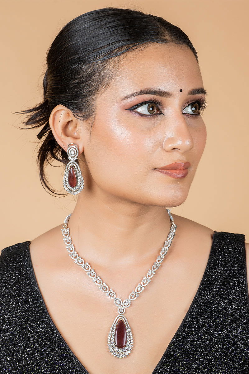 Purple Garnet American Diamond Necklace with Tear Drop Earrings - Mayrake