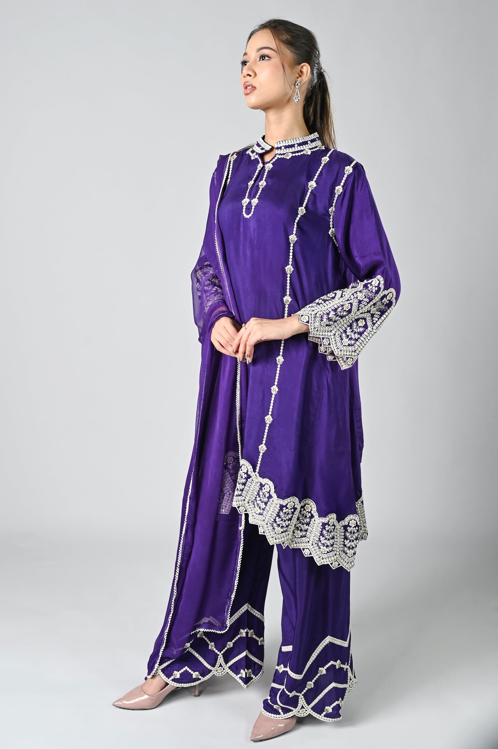 Purple Palazzo Crepe Kurta Set with Silver Embroidery - Mayrake.in