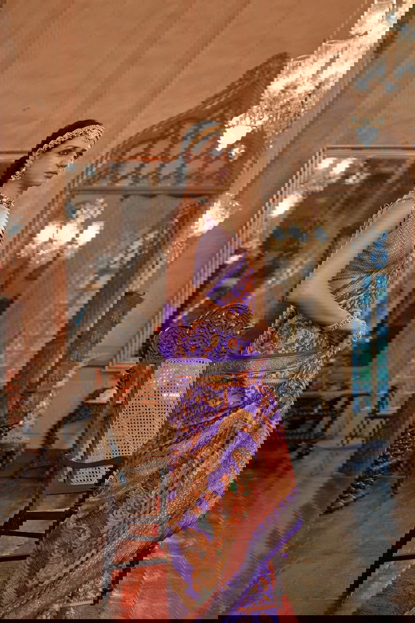 Purple Raw Silk Saree with Ethnic Heritage Prints - Mayrake.in