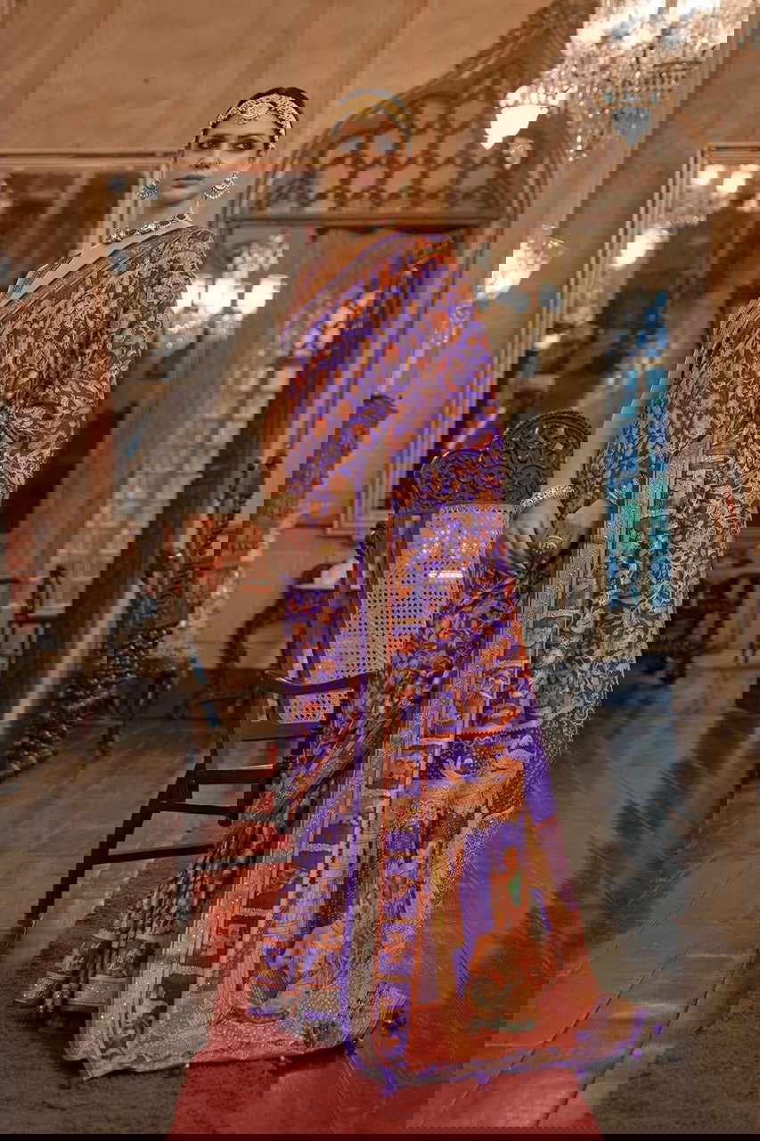 Purple Raw Silk Saree with Ethnic Heritage Prints - Mayrake.in