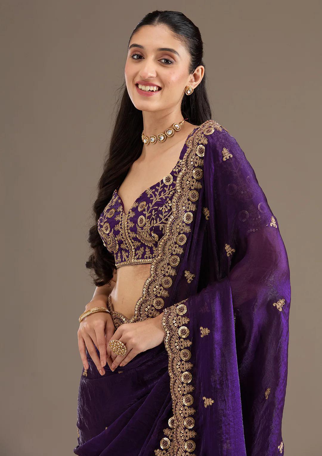 Purple Royal Shine Silk Saree with Beautiful Embroidery Work - Mayrake.in