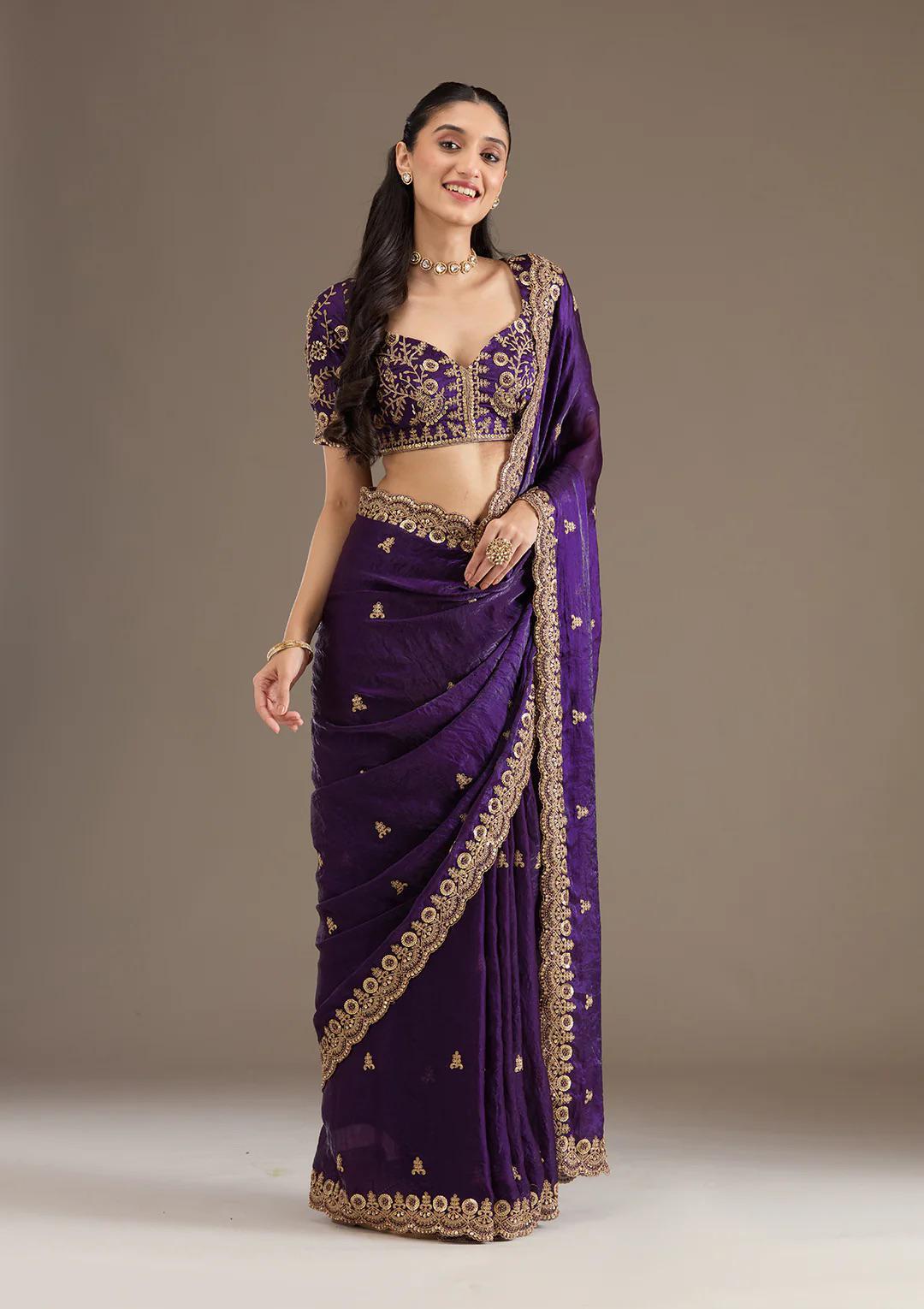 Purple Royal Shine Silk Saree with Beautiful Embroidery Work - Mayrake.in