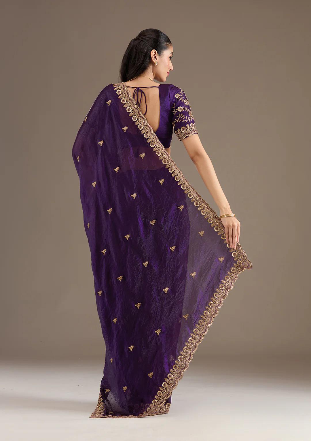 Purple Royal Shine Silk Saree with Beautiful Embroidery Work - Mayrake.in