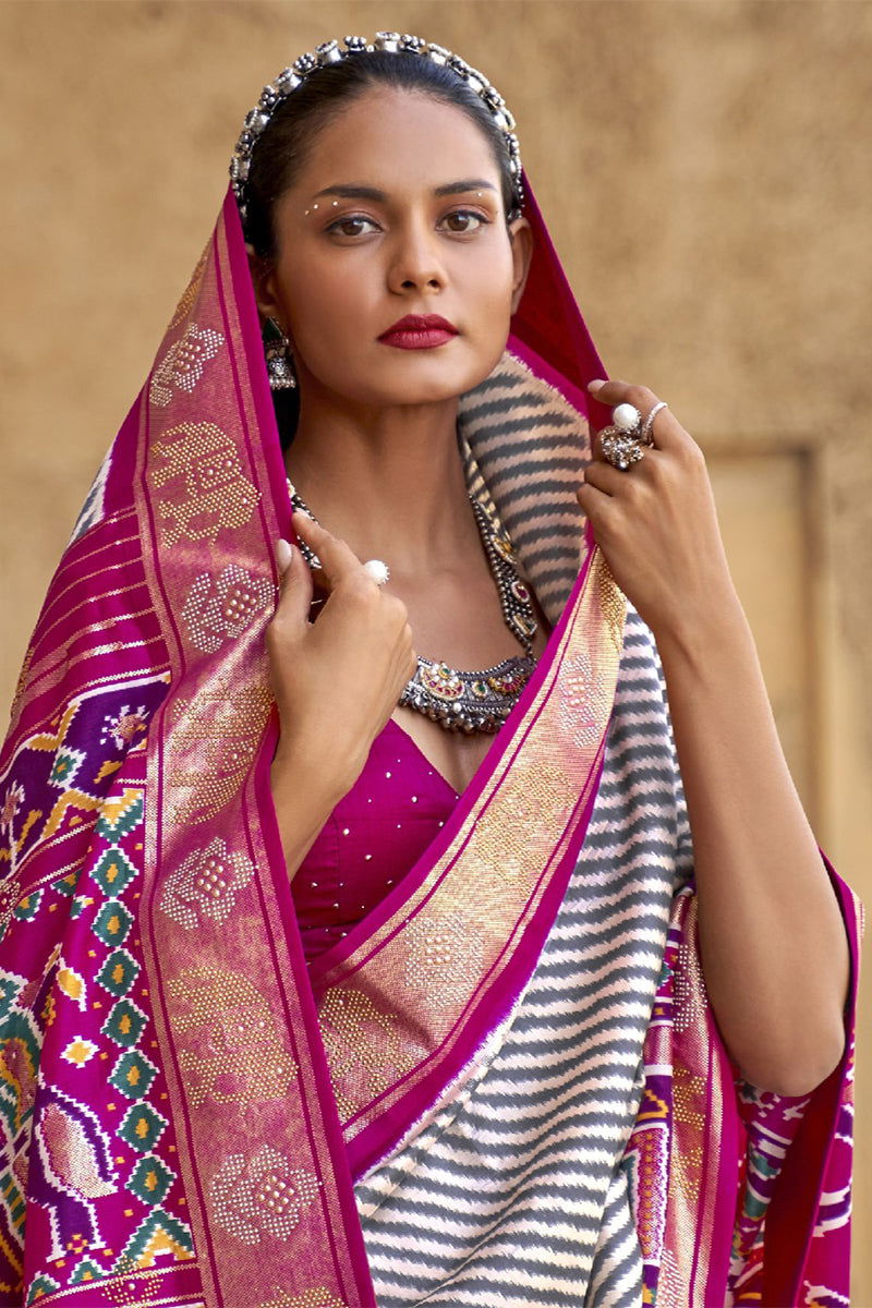 Purplish Cream Viscose Silk with Silver Zari Border, Floral Design & Apoxy Work - Mayrake -