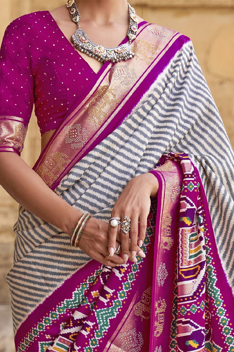 Purplish Cream Viscose Silk with Silver Zari Border, Floral Design & Apoxy Work - Mayrake -