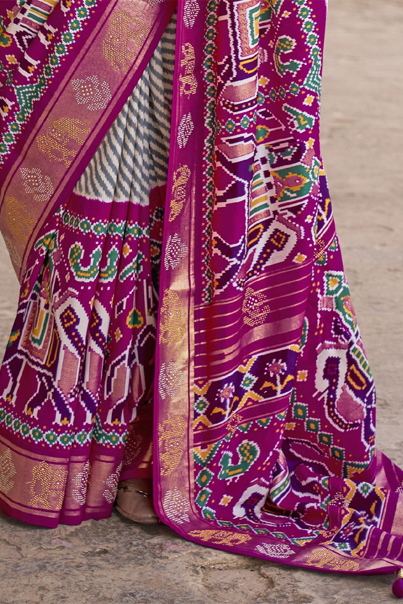 Purplish Cream Viscose Silk with Silver Zari Border, Floral Design & Apoxy Work - Mayrake -