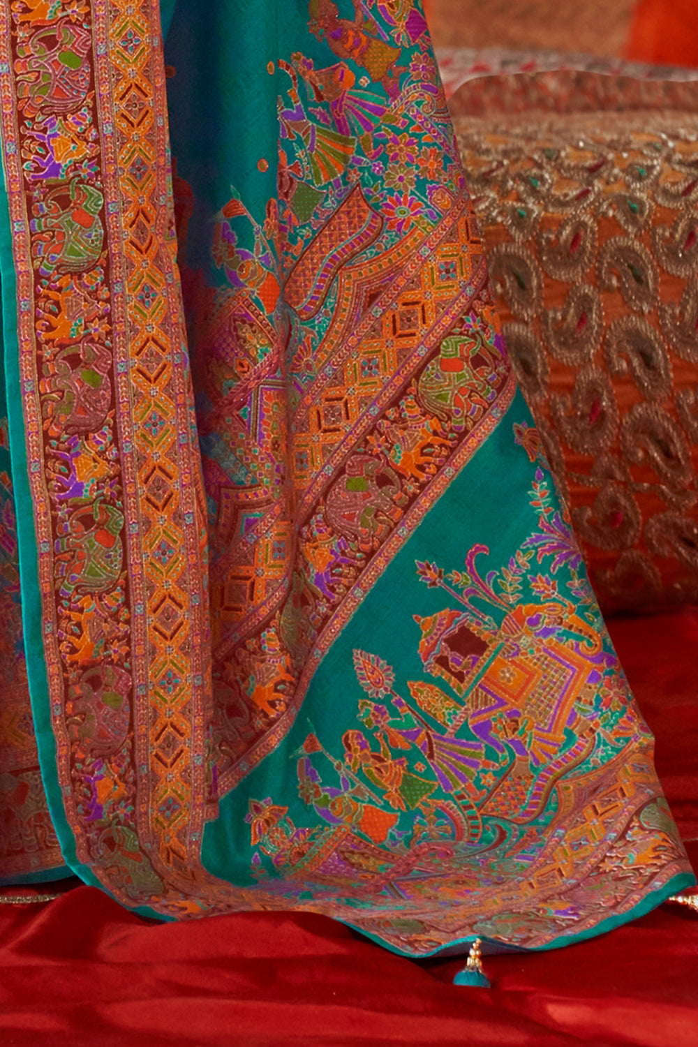 Cherry Red Raw Silk Saree with Heritage Prints
