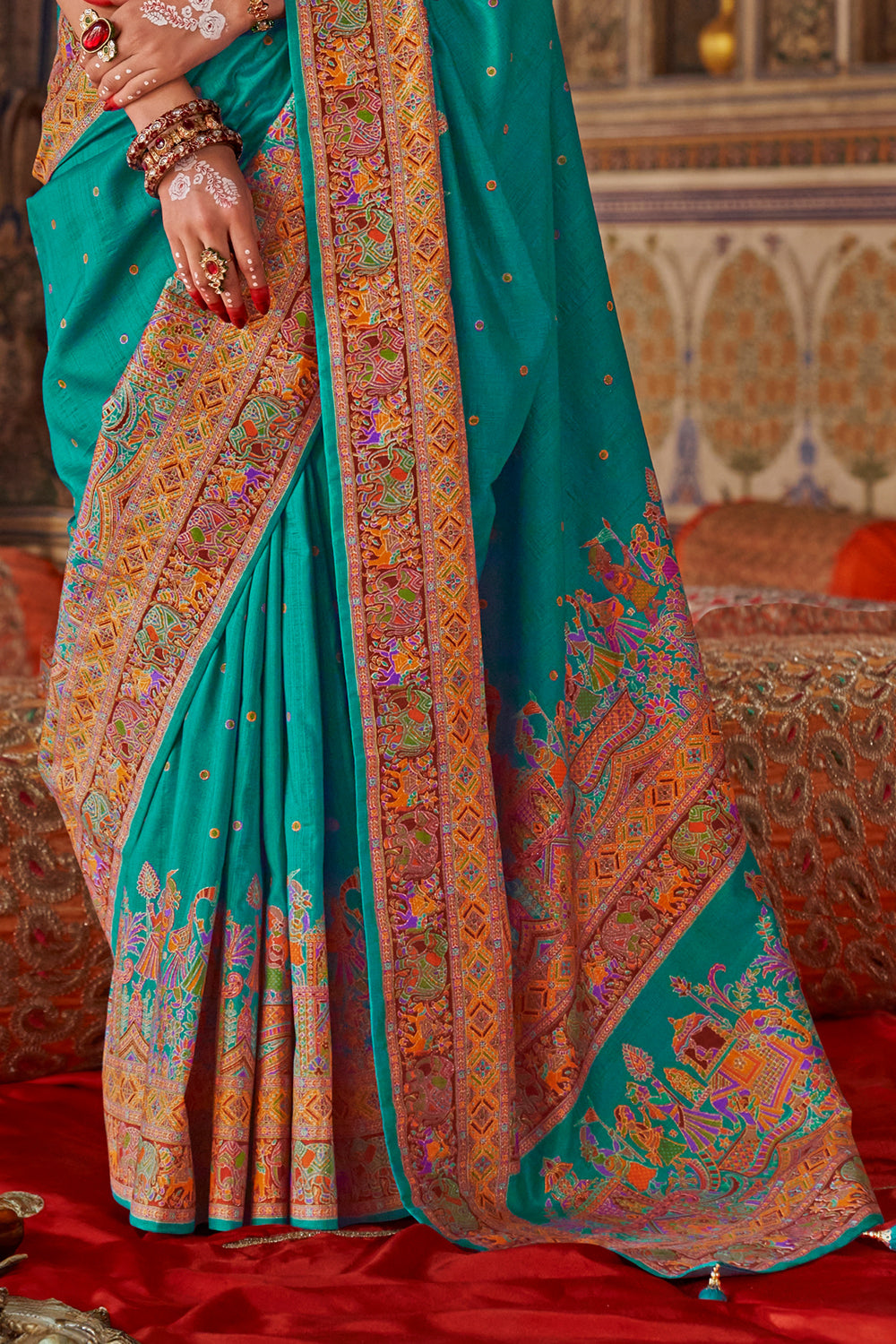 Cherry Red Raw Silk Saree with Heritage Prints
