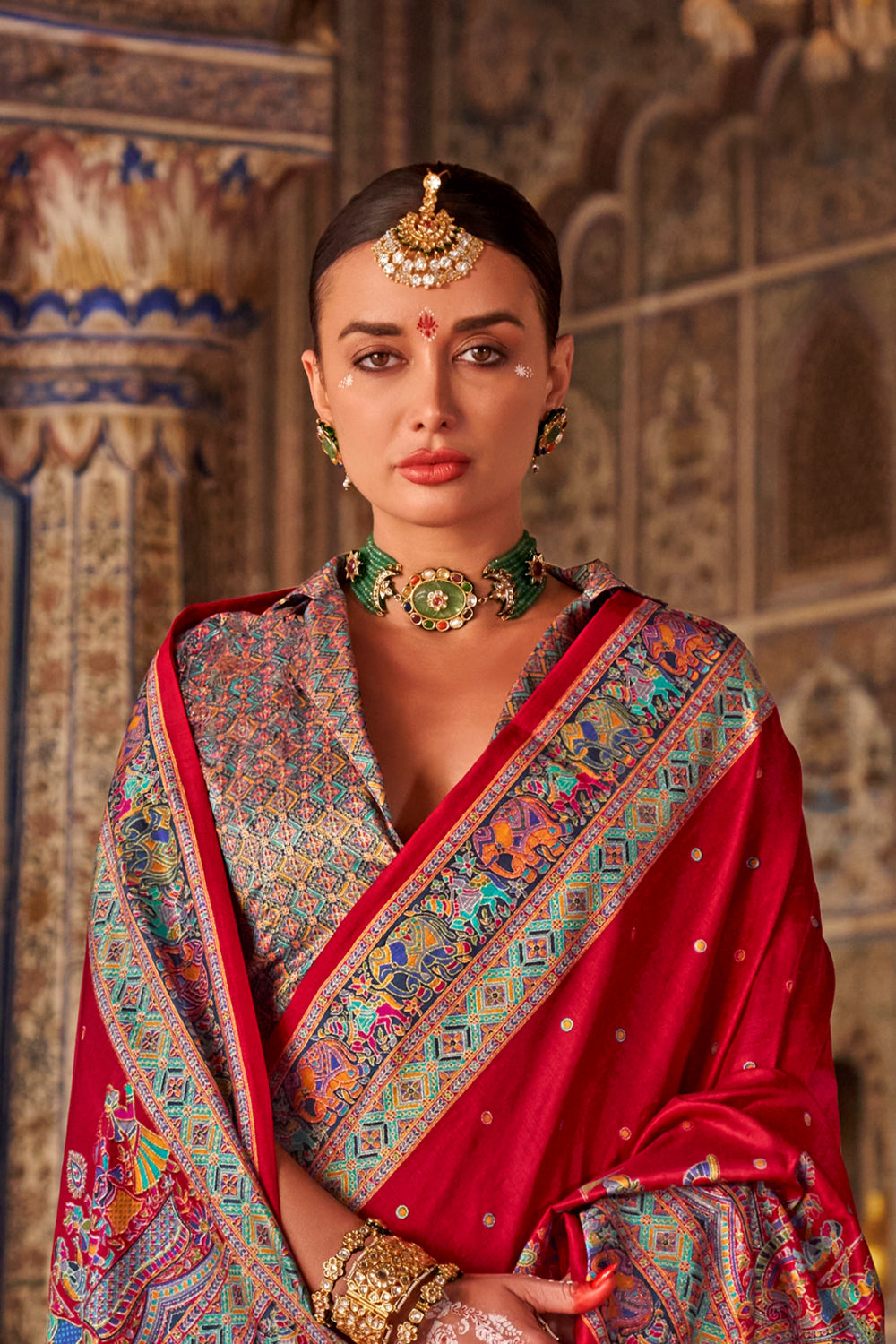 Purple Raw Silk Saree with Heritage Prints