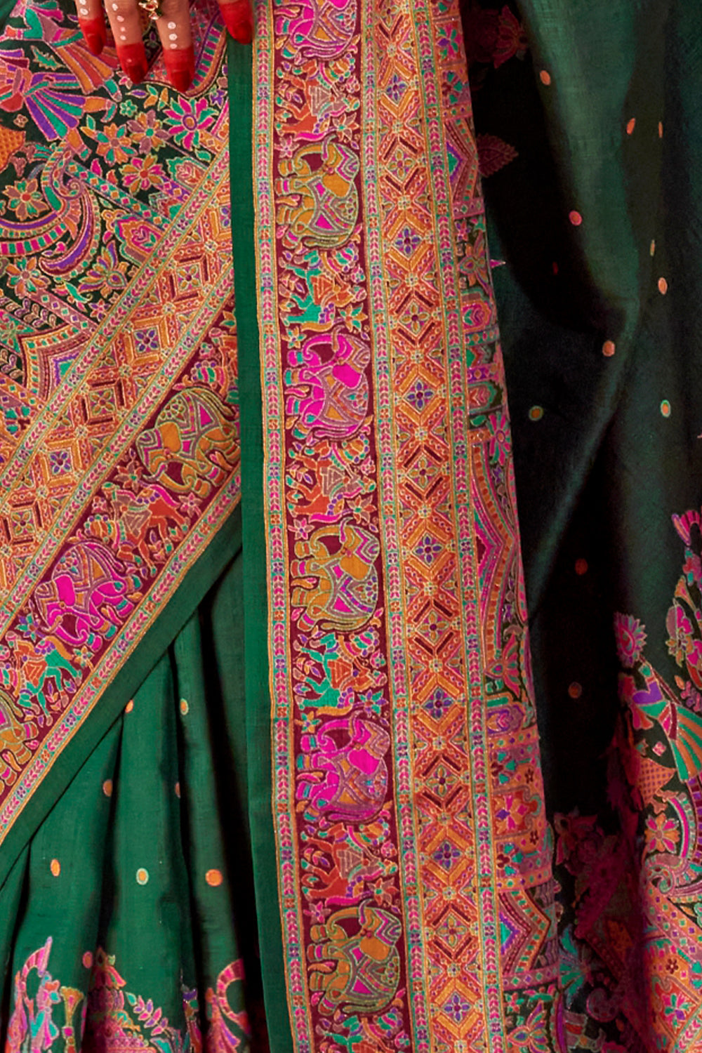 Bottle Green Raw Silk Saree with Heritage Prints
