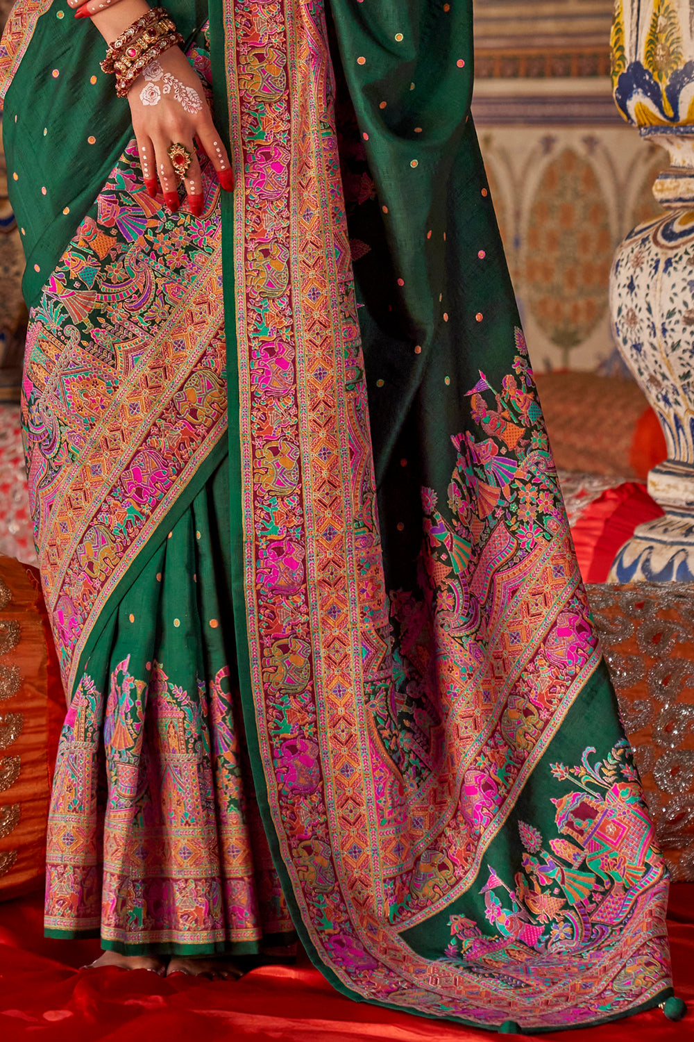 Bottle Green Raw Silk Saree with Heritage Prints