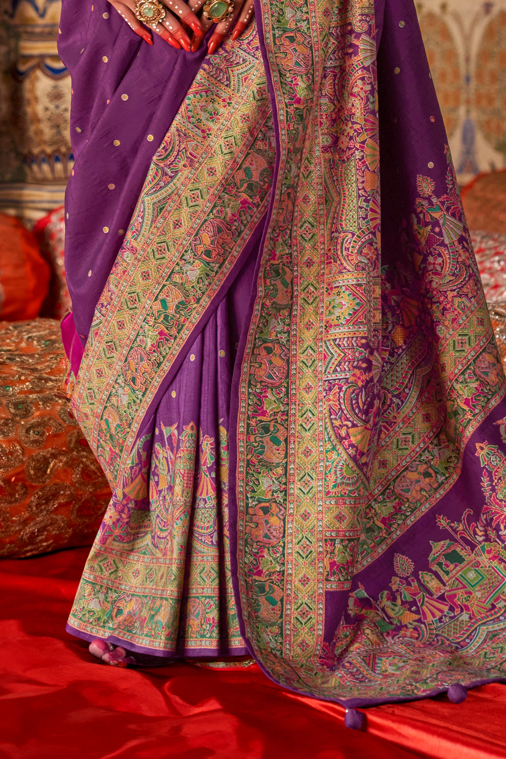 Cherry Red Raw Silk Saree with Heritage Prints