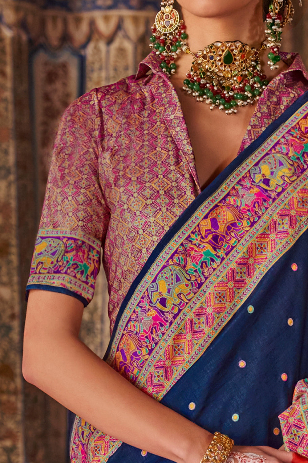 Cherry Red Raw Silk Saree with Heritage Prints