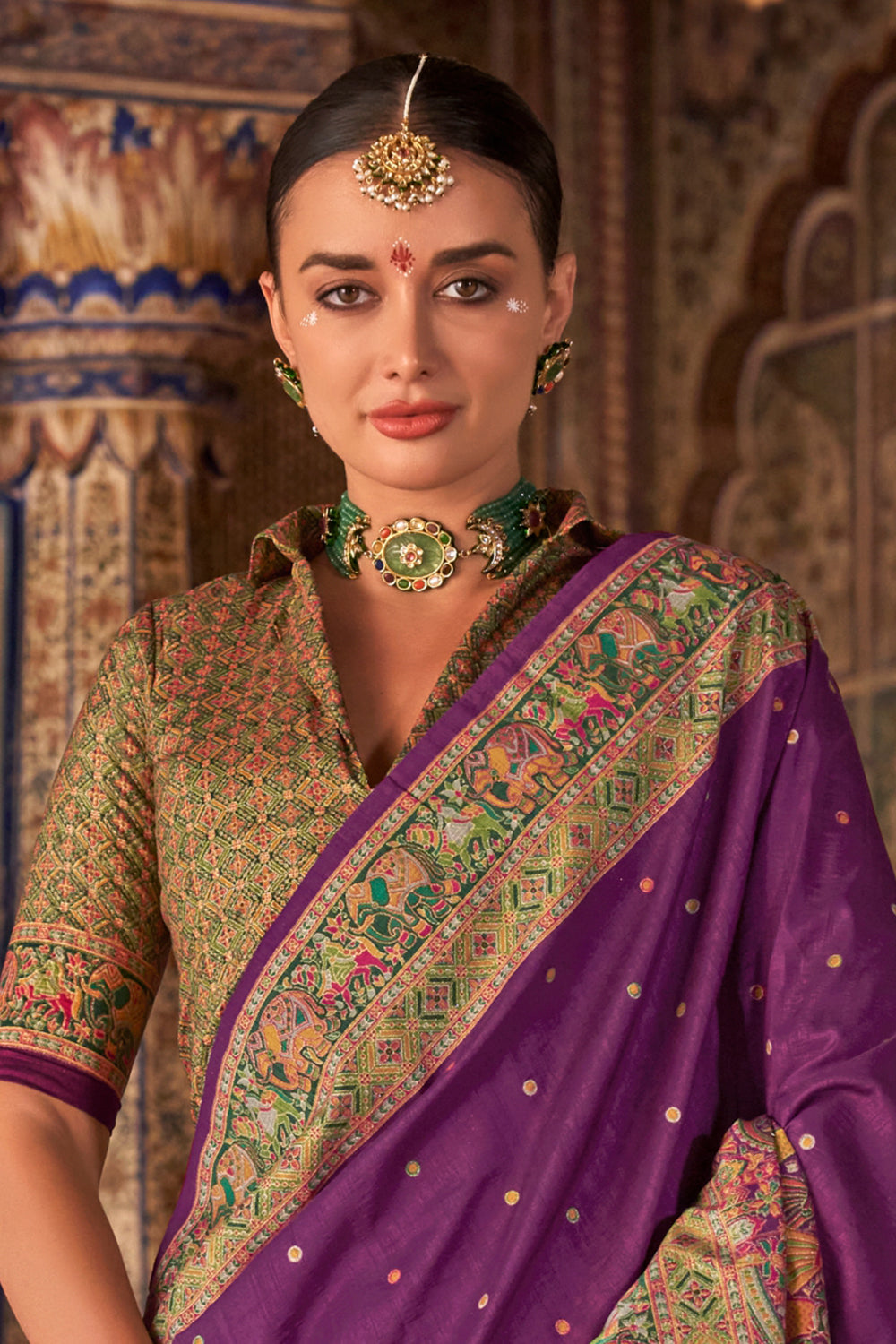 Purple Raw Silk Saree with Heritage Prints