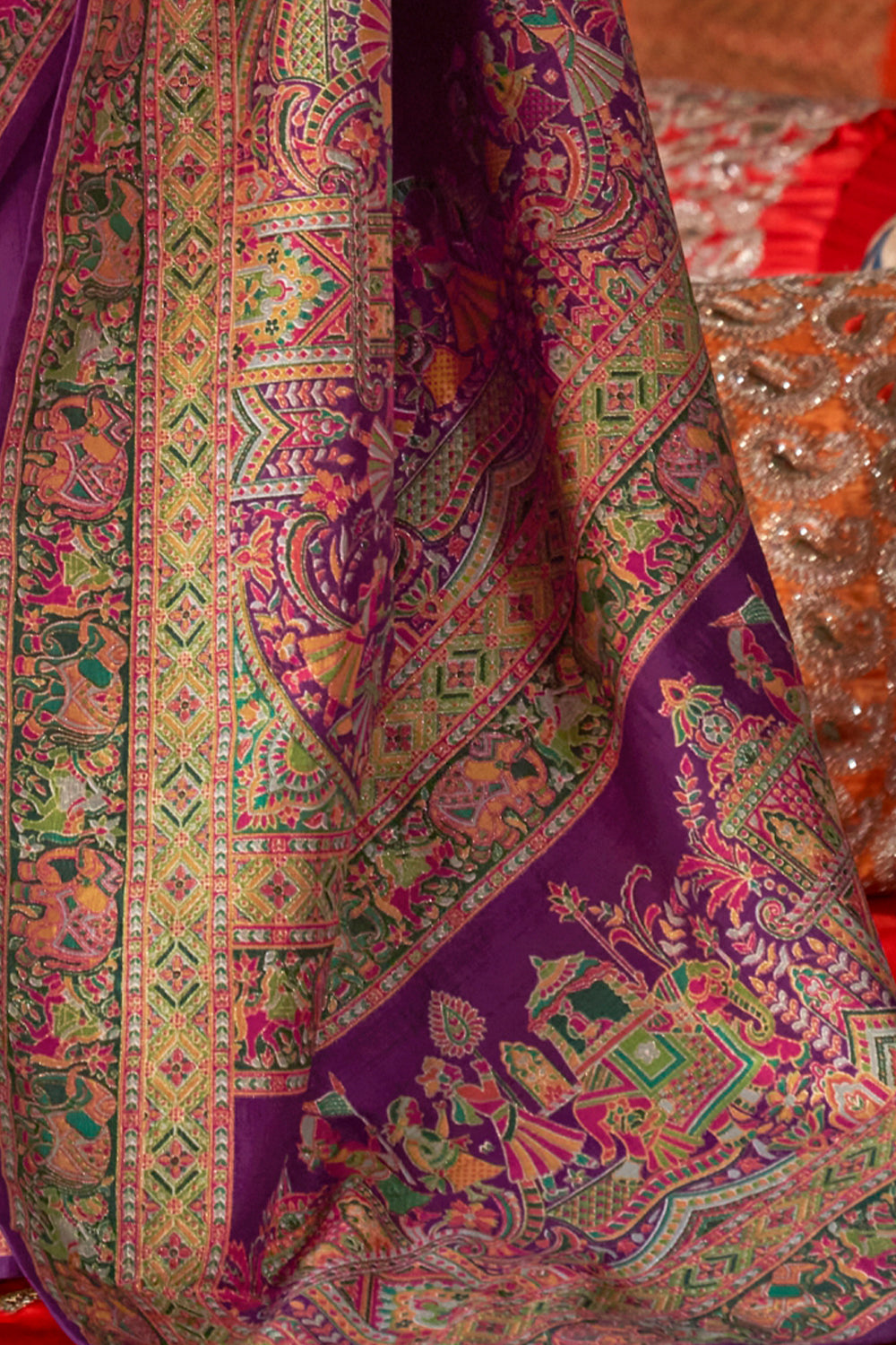 Purple Raw Silk Saree with Heritage Prints