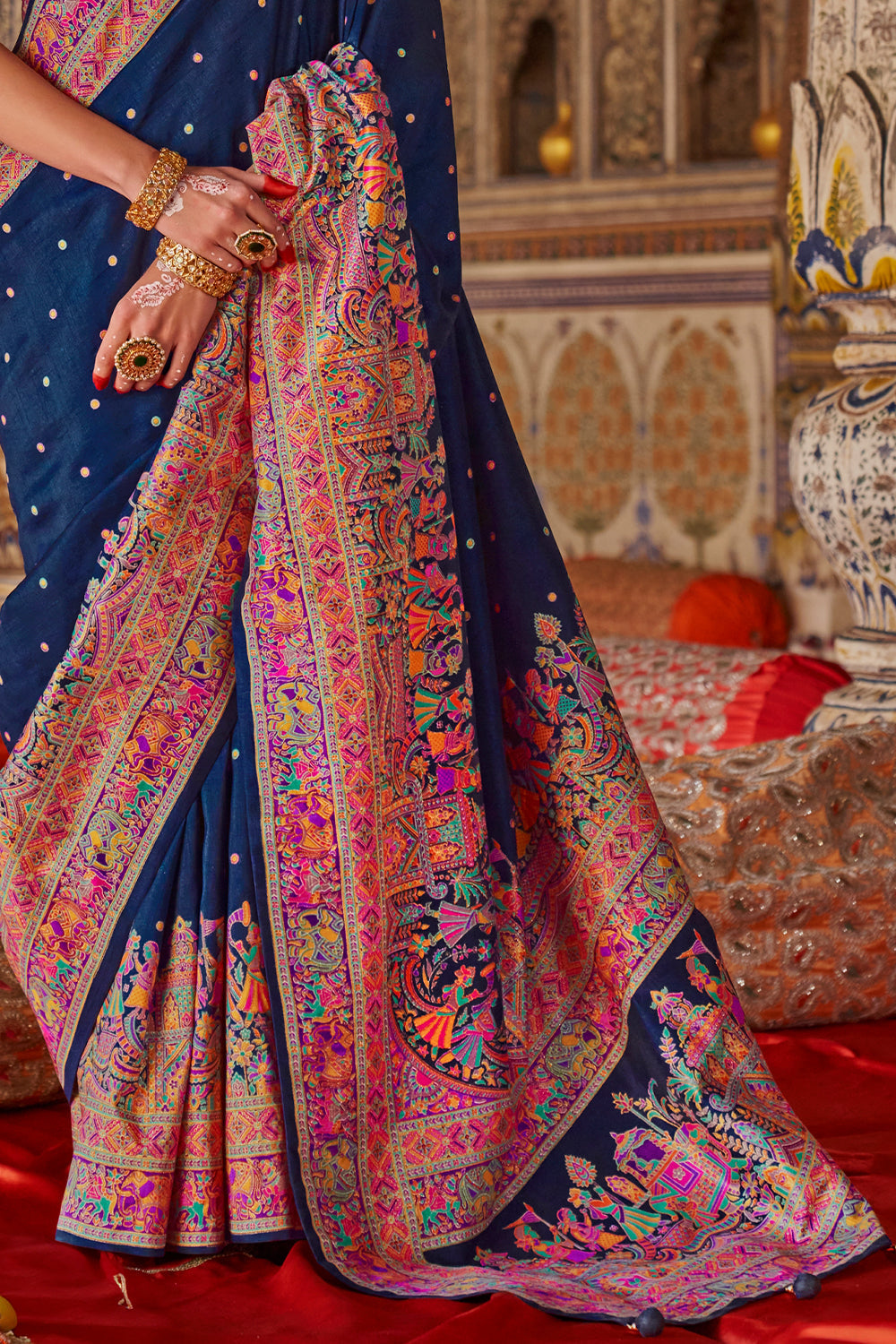 Dark Navy Blue Raw Silk Saree with Heritage Prints