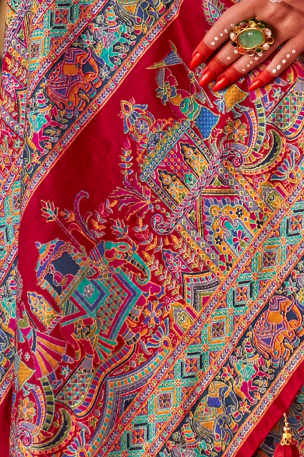 Cherry Red Raw Silk Saree with Heritage Prints