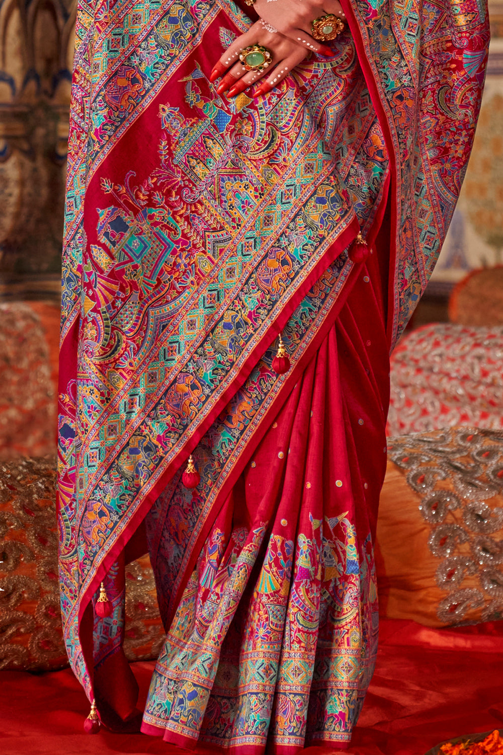 Cherry Red Raw Silk Saree with Heritage Prints