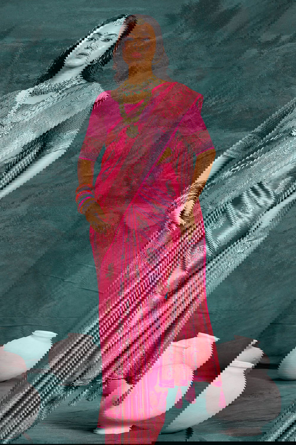 Rani Pink Banarasi Satin Silk Rich Pallu Saree with Silver Zari Weaving Detailing - Mayrake.in