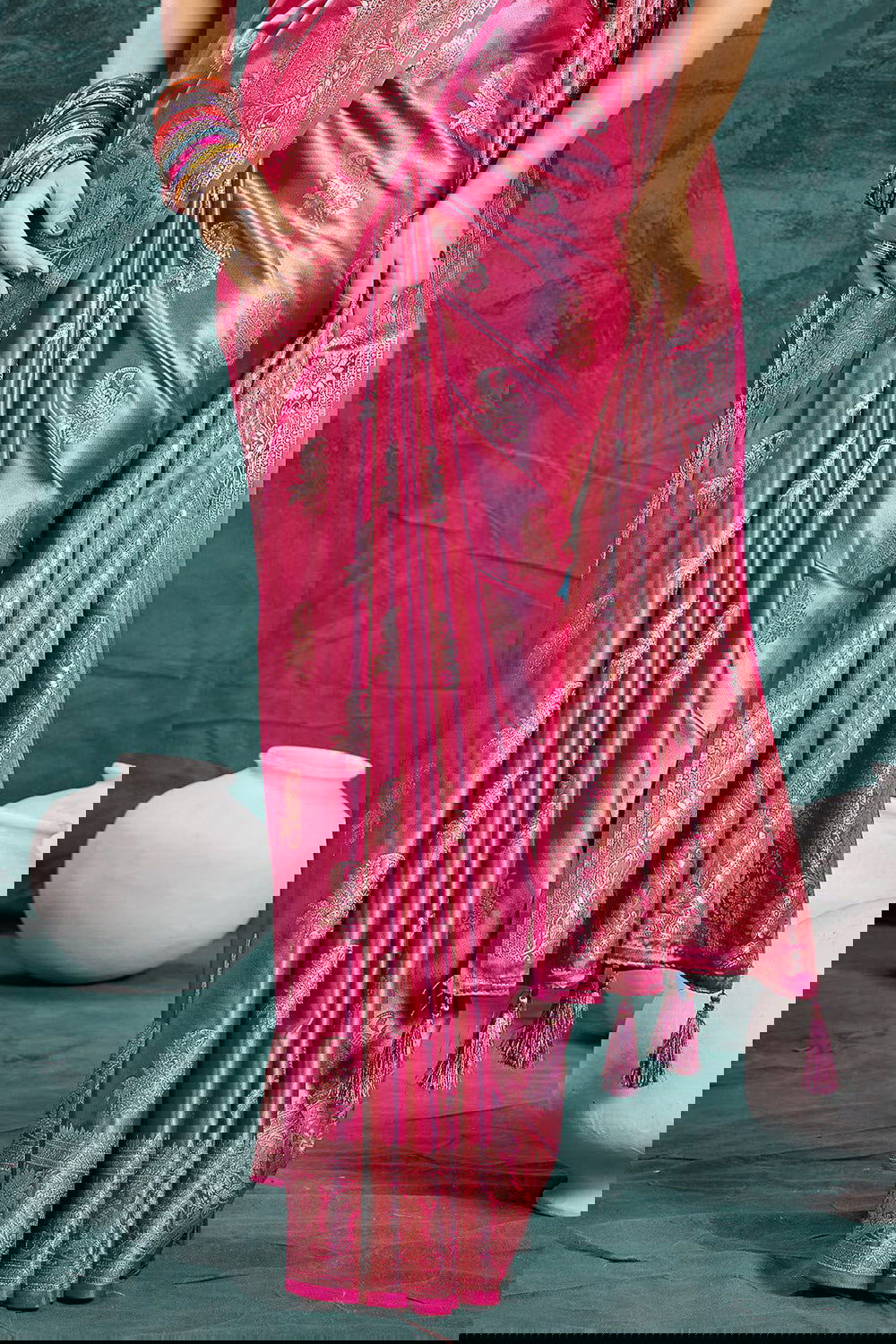 Rani Pink Banarasi Satin Silk Rich Pallu Saree with Silver Zari Weaving Detailing - Mayrake.in