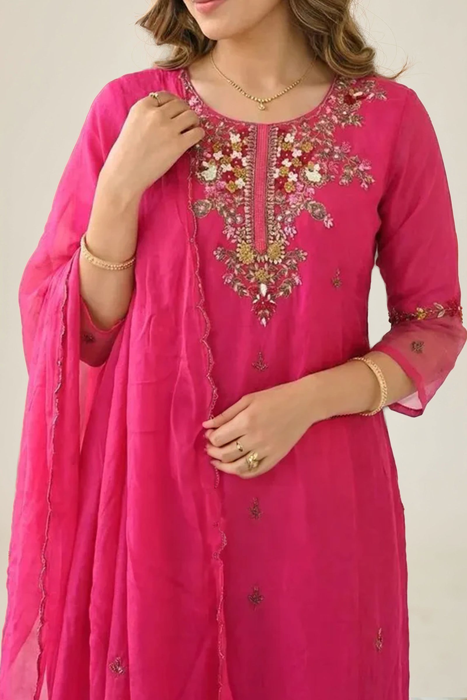 Rani Pink Crepe Silk Straight Kurta with Straight Pant and Hand-Embroidered Sequin Work