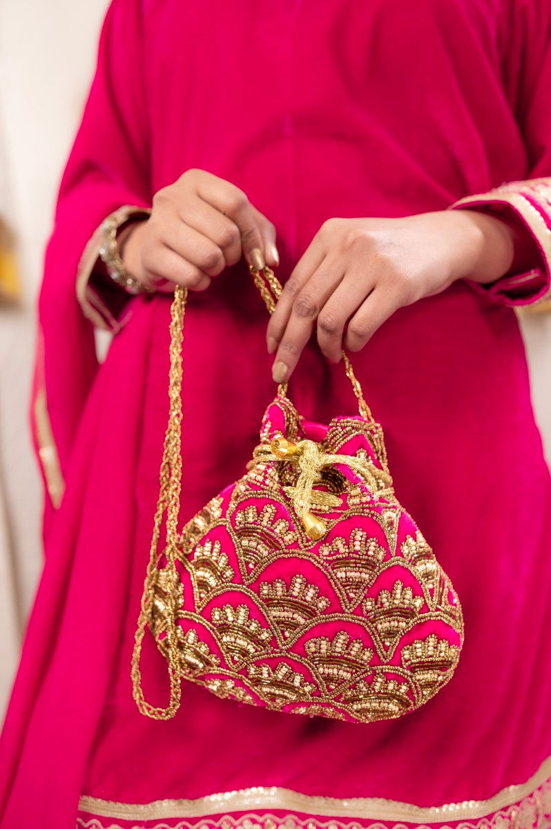 Rani Pink Potli with Beautiful Pipe and Bead Sequin Design - Mayrake.in